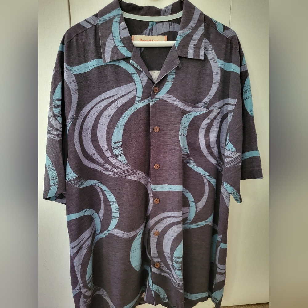 Tommy Bahama Wavey Retro Blue Silk Shirt Sz L